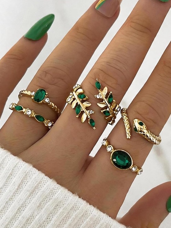 Anthropologie Jewelry - Anthropologie Gold Stackable Rings with Emerald Green Stones